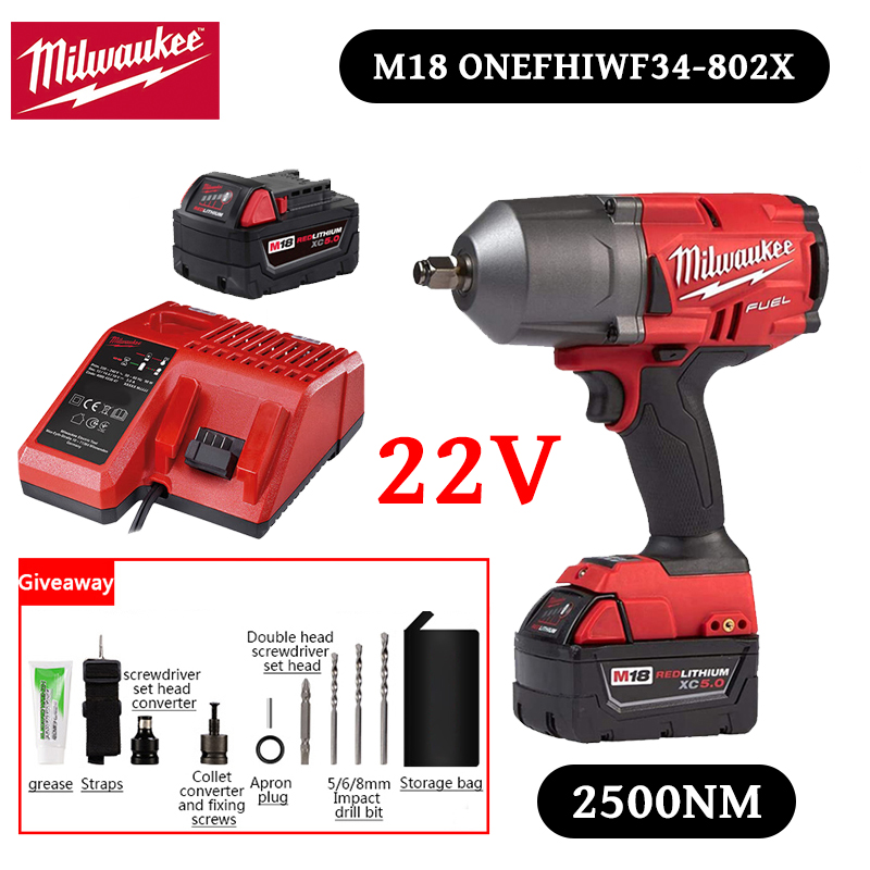 【Milwaukee】22V (par de torsión 2500 N.M + batería de 5AH) funciona hasta 12 horas + 11 accesorios