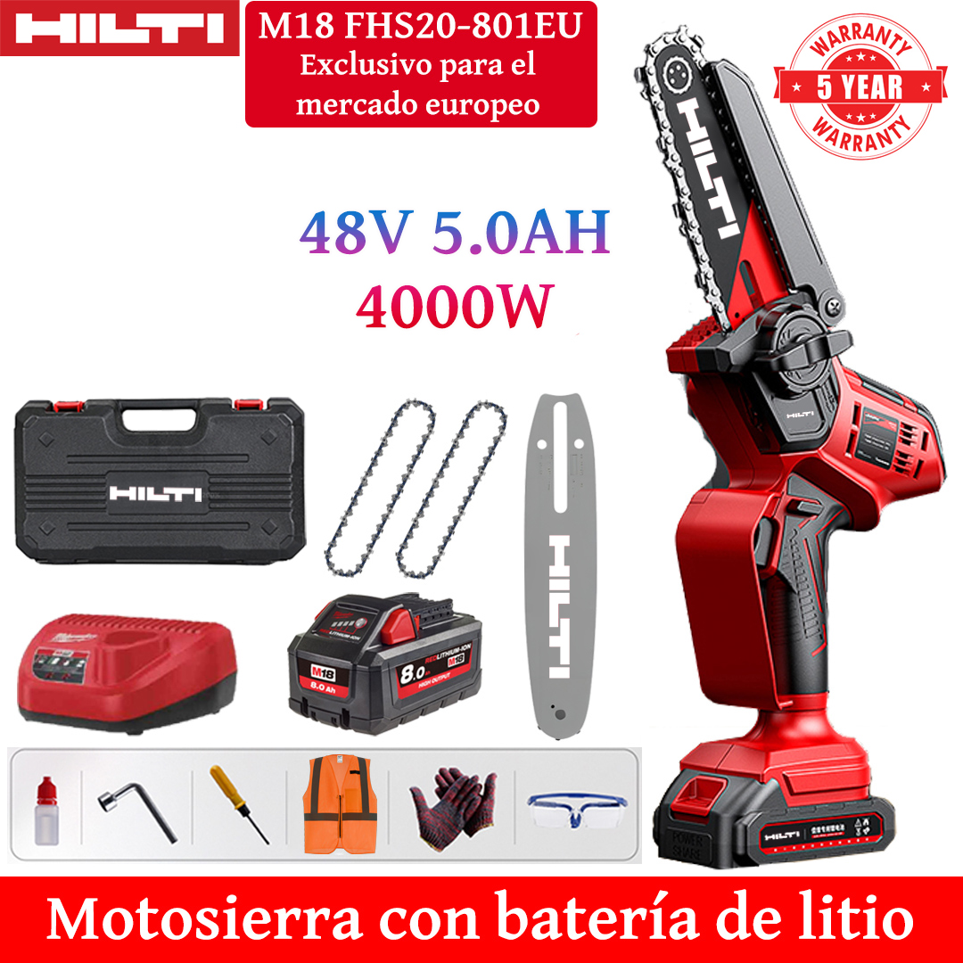 Motosierra eléctrica de litio de 8 pulgadas con potencia de 4000W, equipada con batería de 48V 2.0Ah*1, cargador, placa guía*1, cadena*2, caja de herramientas, aceite lubricante y gafas