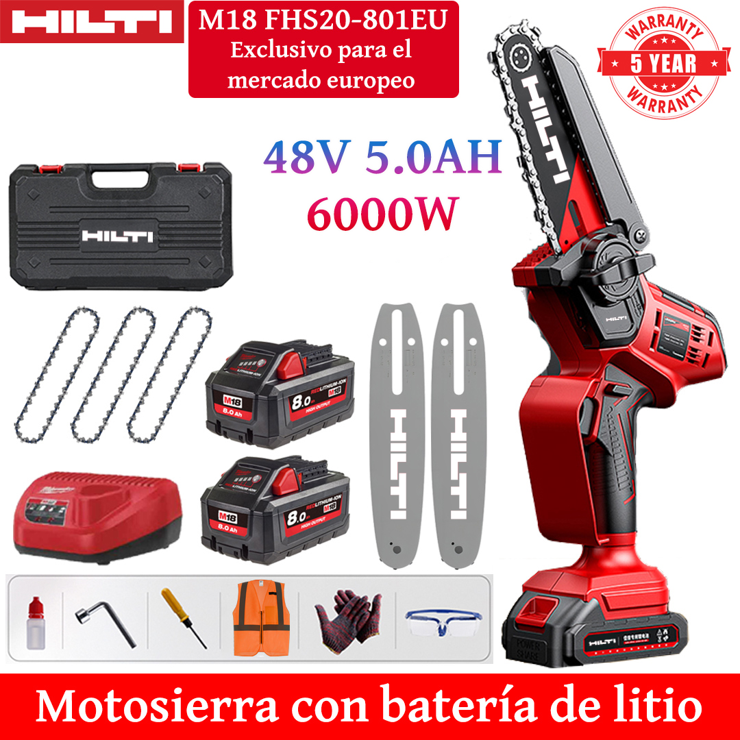 Motosierra eléctrica de litio de 8 pulgadas con potencia de 6000W, equipada con batería de 48V 5.0Ah*1, cargador, placa guía*2, cadena*3, caja de herramientas, aceite lubricante y gafas