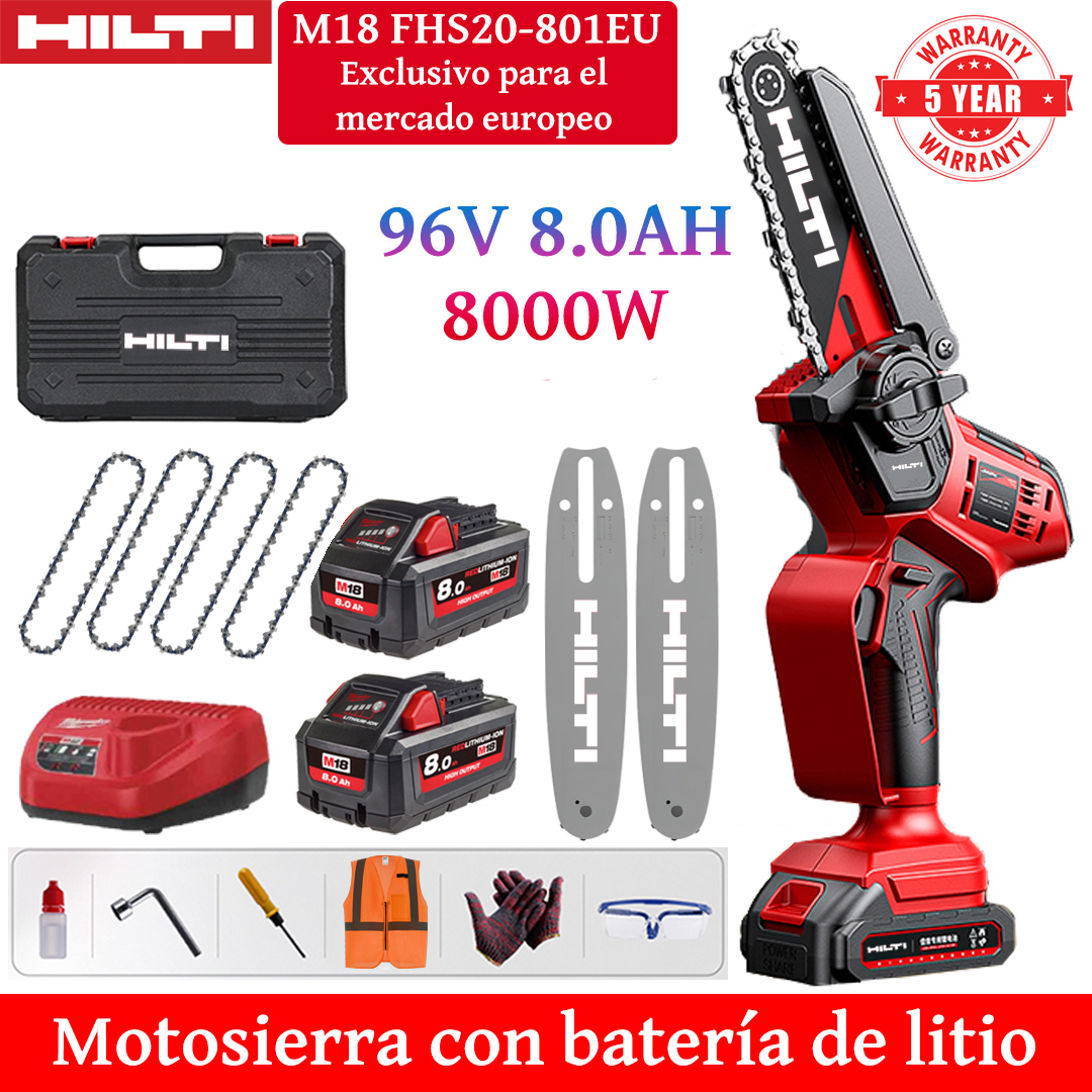 Motosierra eléctrica de litio de 8 pulgadas con potencia de 8000W, equipada con batería de 96V 8.0Ah*2, cargador, placa guía*2, cadena*4, caja de herramientas, aceite lubricante y gafas